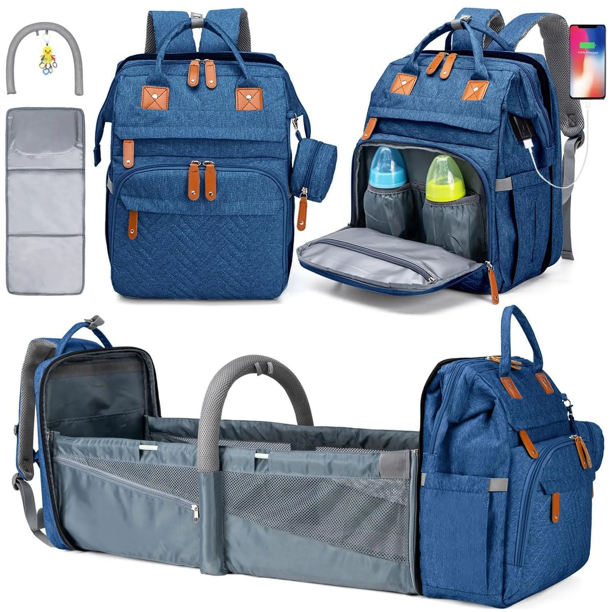 Multifunctional Diaper Backpack With Changing Bed And Insulated Bottle Pocket