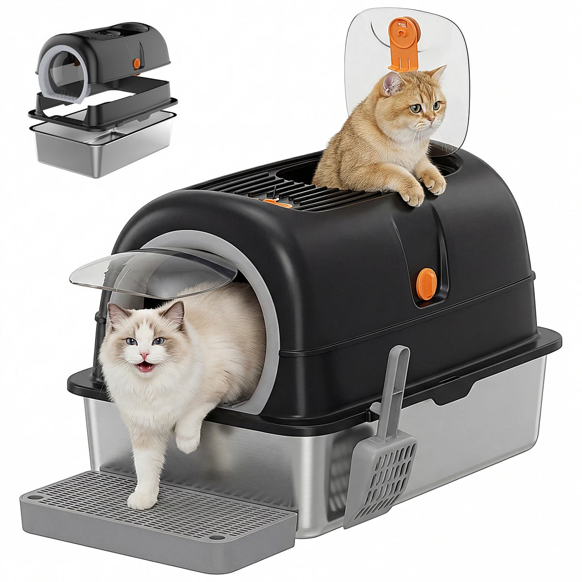 Fully Enclosed Stainless Steel Cat Litter Box With Scoop Mat