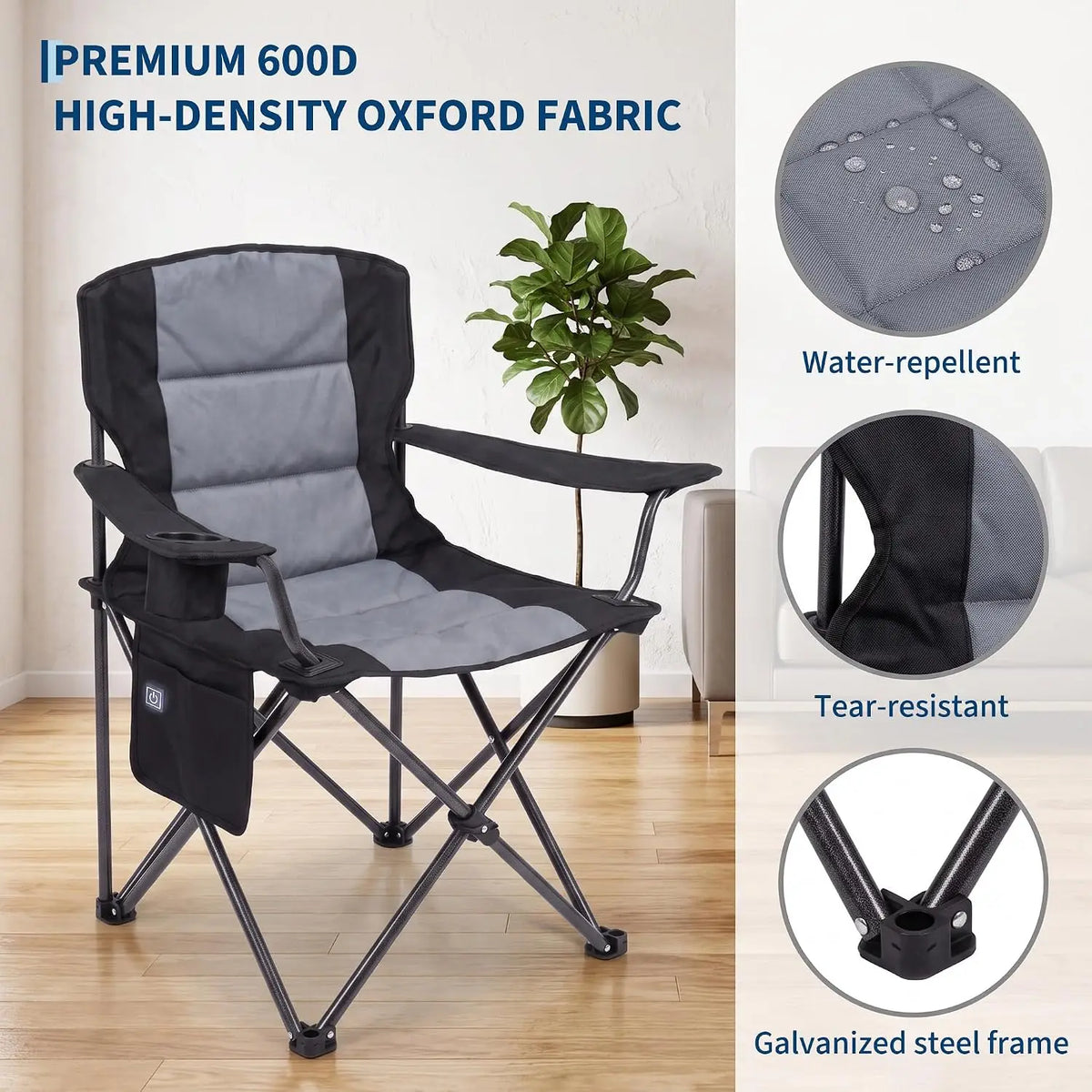 Heated Camping Chair with Cup Holder and Storage Pockets