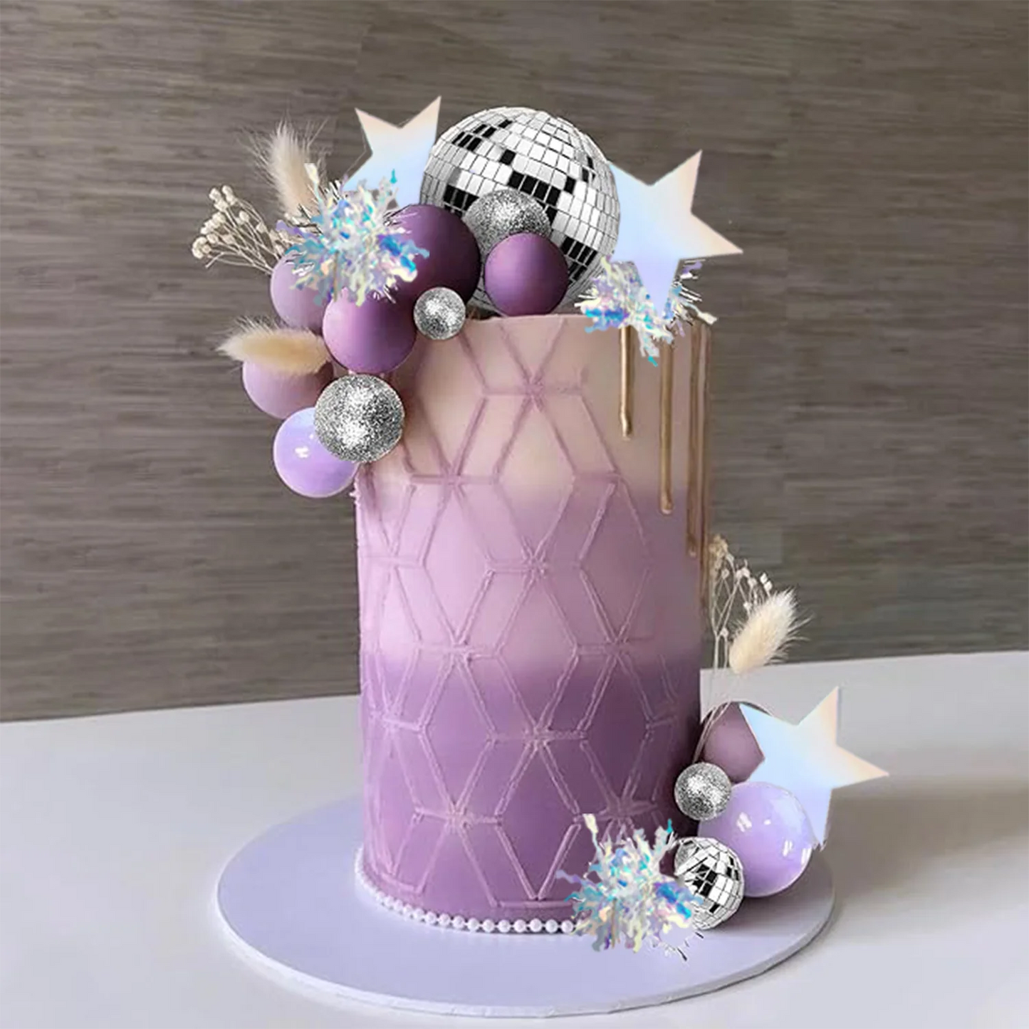Purple Disco Ball Mirror Balls Cake Decorations with Silver Stars Cake Topper for Disco Dance Party Saturday Night Supplies