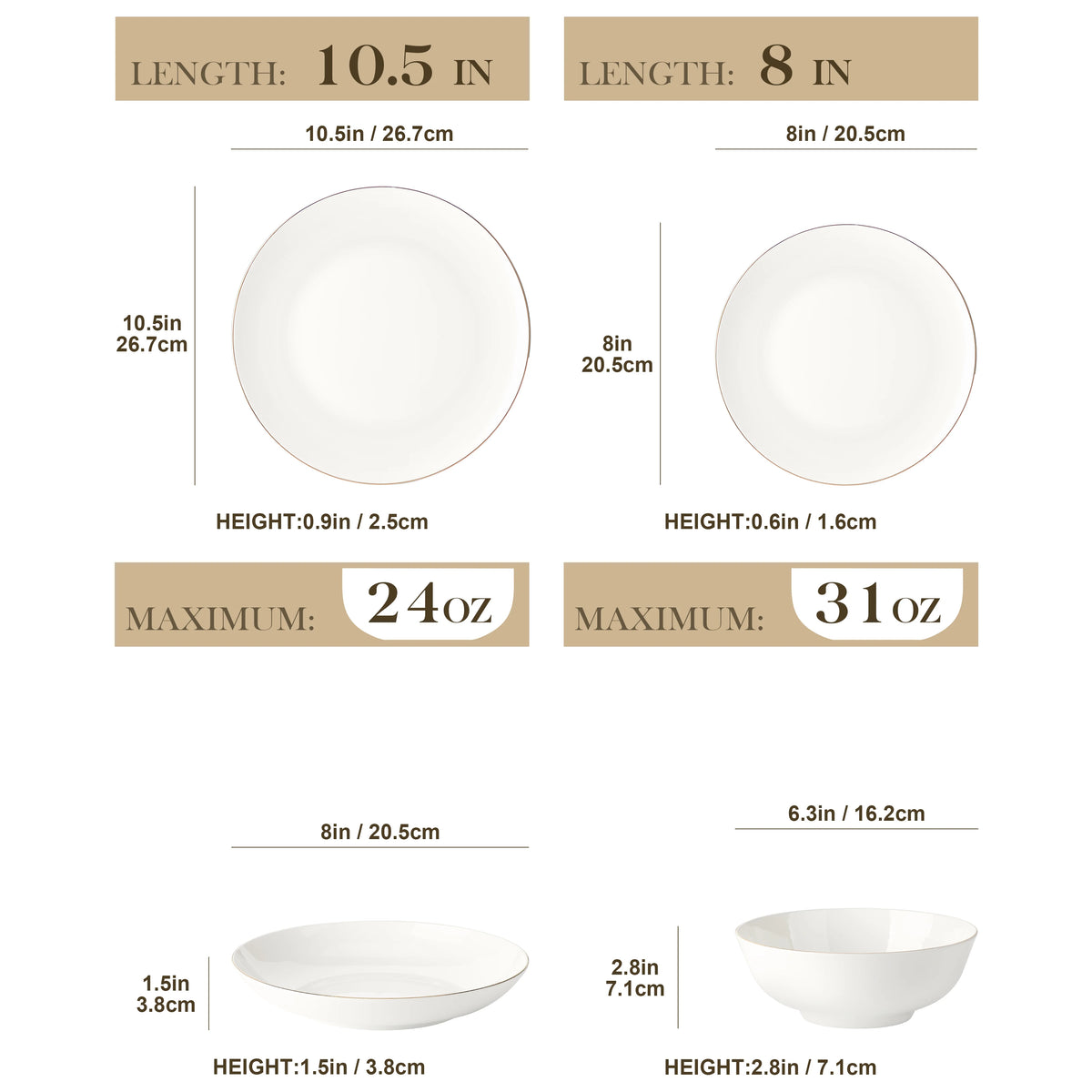 MALACASA Nordic Bone China Tableware Set With Golden Rim