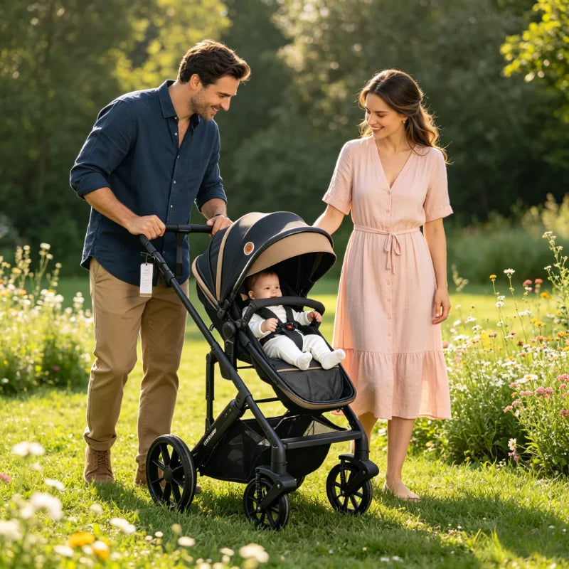 Lightweight Foldable Baby Stroller With Reversible Seat And Shock Absorbers