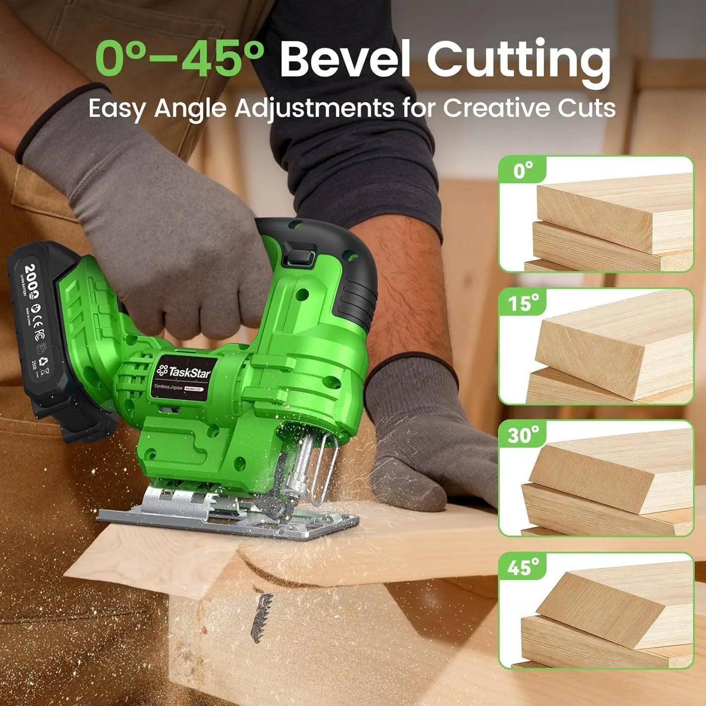 Taskstar Cordless Jig Saw Tool & Electric Brushless Angle Grinder Polishing Cutting Machine 9 Blades 0–45° Bevel Cutting 4 Orbital Setting Lightweight Electric Jigsaw Straight Curved Cuts Battery Powered Tool Set With 2x4.