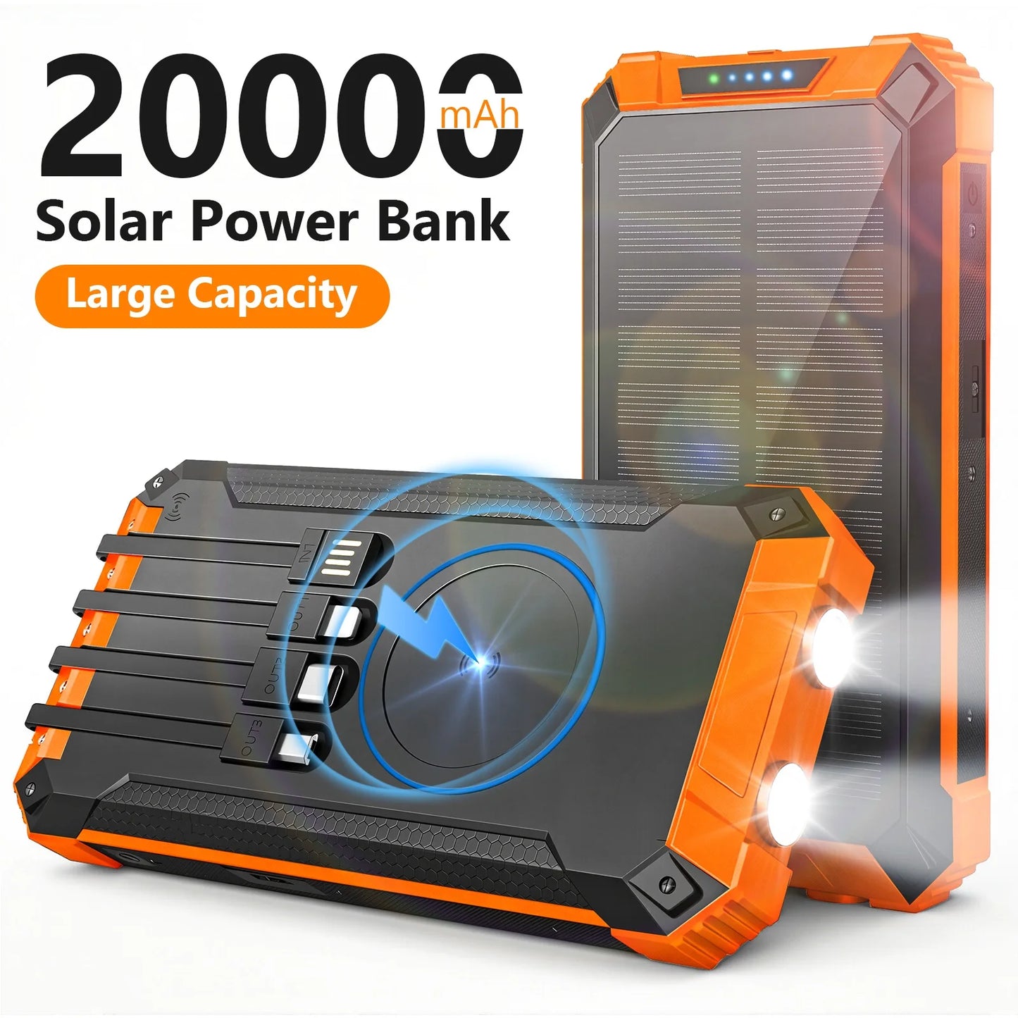 20000mAh Portable Solar Power Bank With Wireless Charging 18W Dual LED Lights