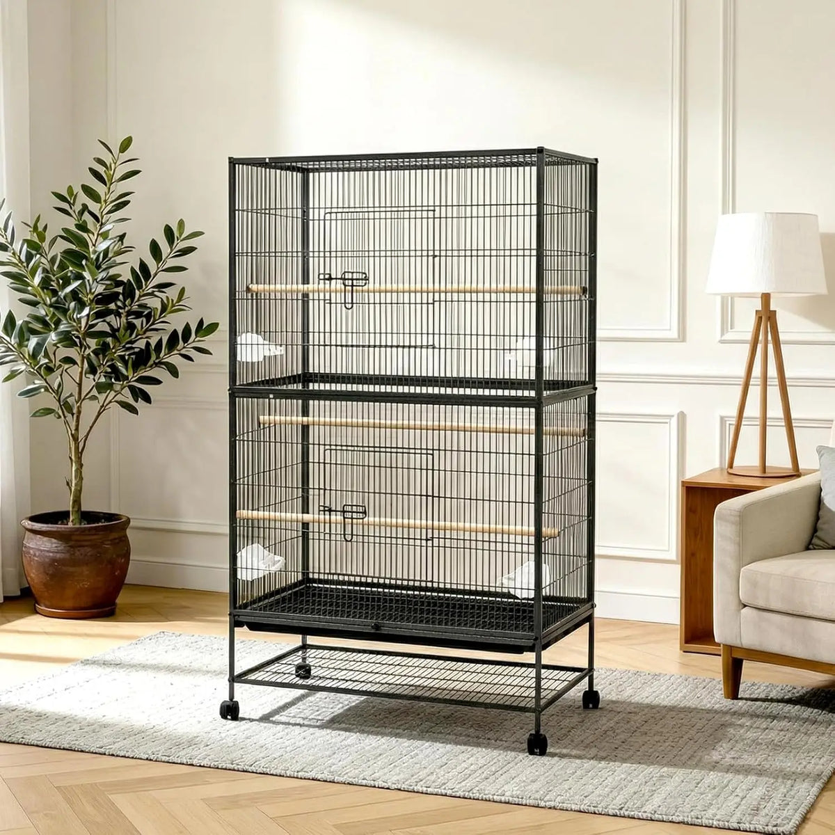 HiMiss Large Bird Cage With Rolling Stands And Feeding Bowls