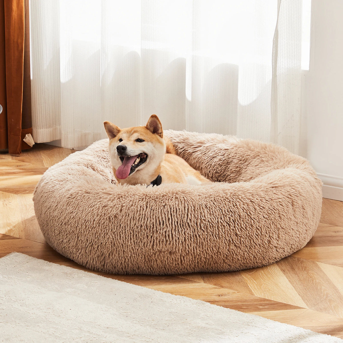 JHK Washable Calming Round Plush Faux Fur Pet Dog Bed