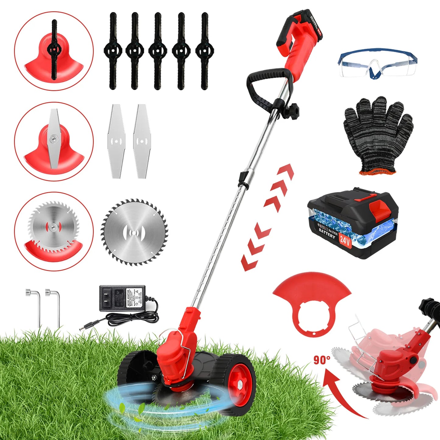 3-in-1 Cordless Grass Trimmer Electric Lawn Mower Edger Weed Wacker 21V with Wheels Battery 3 Cutting Blade Lawn Garden Tool