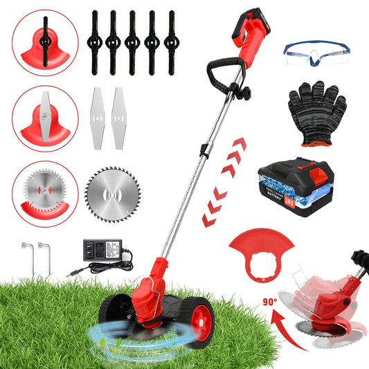 3-in-1 Cordless Grass Trimmer Electric Lawn Mower Edger Weed Wacker 21V with Wheels Battery 3 Cutting Blade Lawn Garden Tool