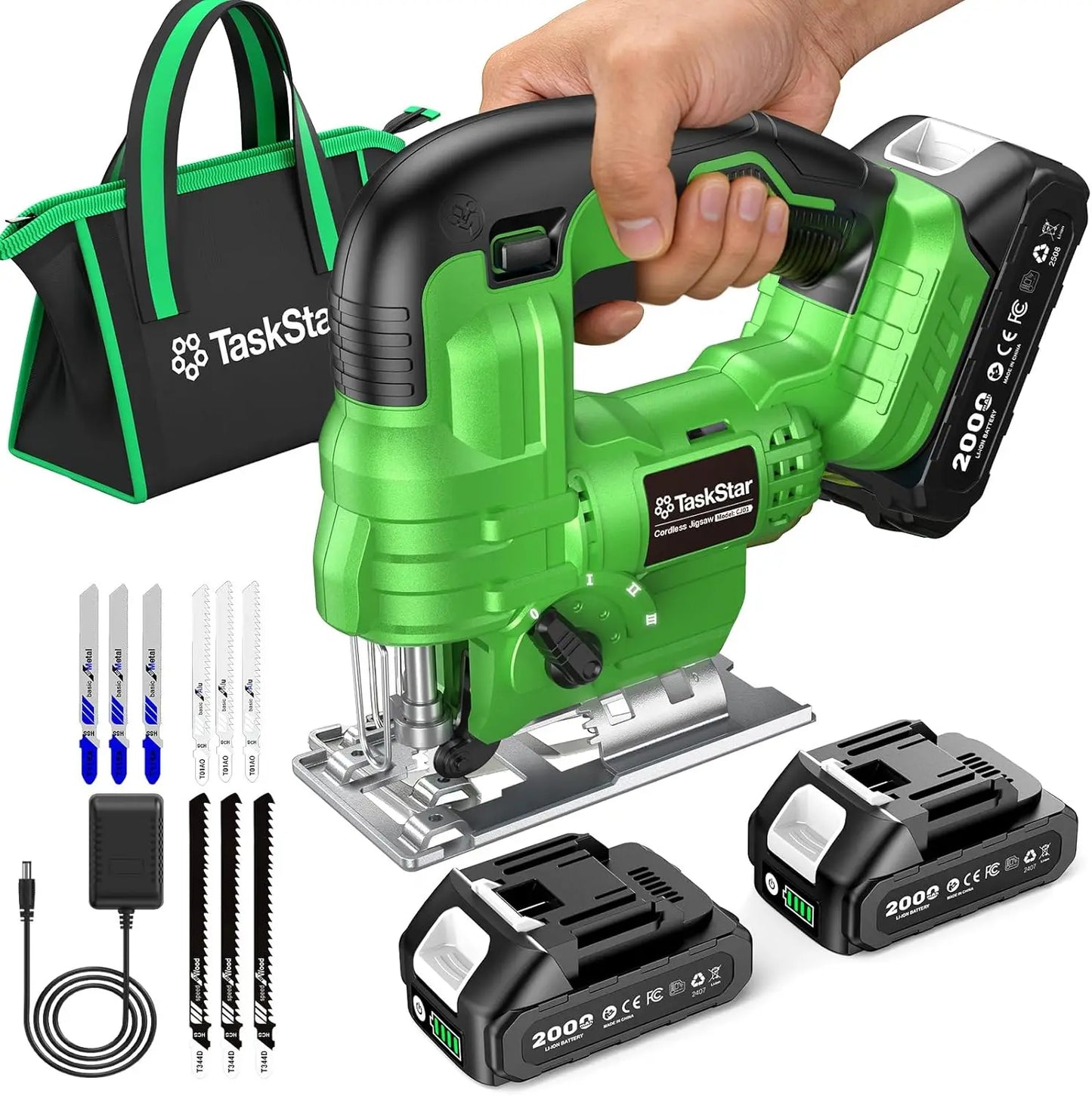 Taskstar Cordless Jig Saw Tool & Electric Brushless Angle Grinder Polishing Cutting Machine 9 Blades 0–45° Bevel Cutting 4 Orbital Setting Lightweight Electric Jigsaw Straight Curved Cuts Battery Powered Tool Set With 2x4.
