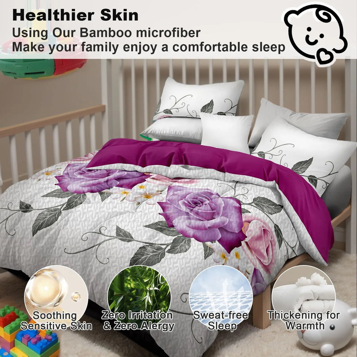 Quilted Microfiber Bedspread With Rose Print Sheer Curtain Set