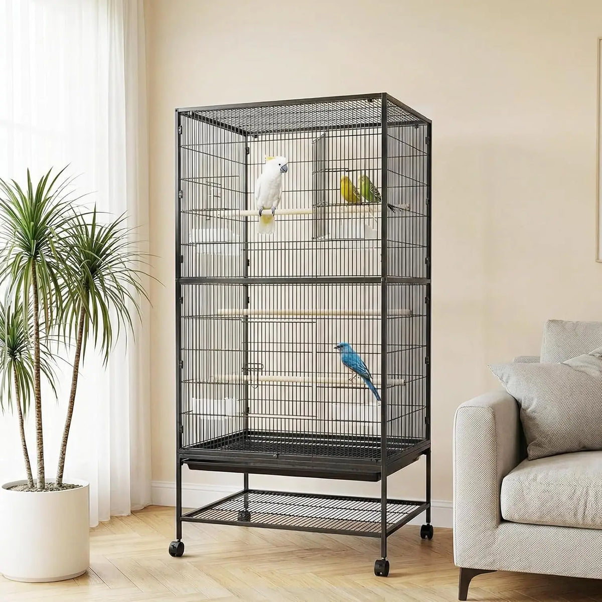 HiMiss Large Bird Cage With Rolling Stands And Feeding Bowls