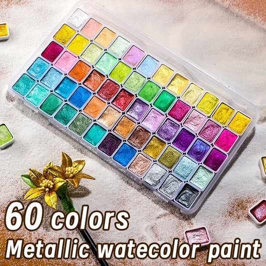 60 Colors Pearl Watercolor Pigment, Metallic Solid Paint Portable Art Kit for Painting, Perfect Gifts, Starry Color