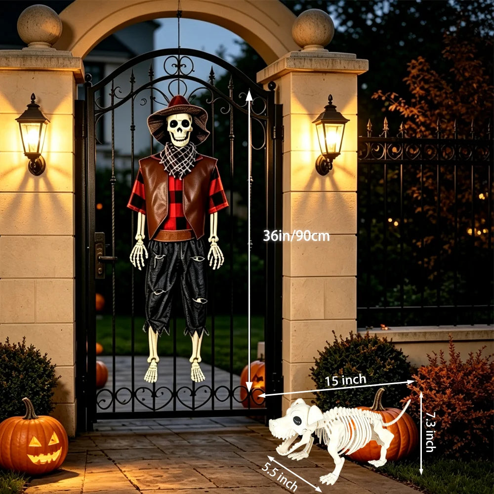 Posable Halloween Cowboy Skeleton With Plastic Dog Yard Decor Set