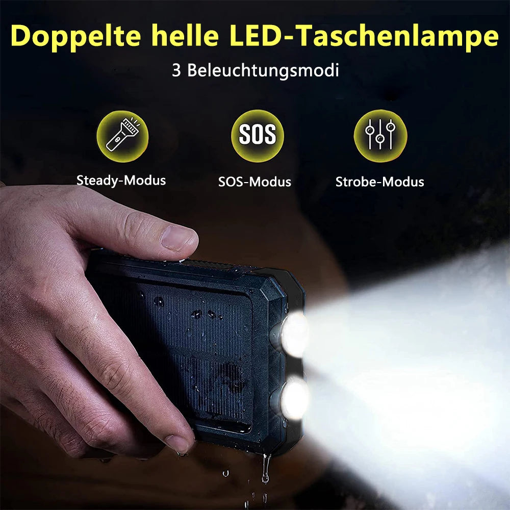 Portable 20000mAh Solar Power Bank IP67 Waterproof Dual USB Flashlight
