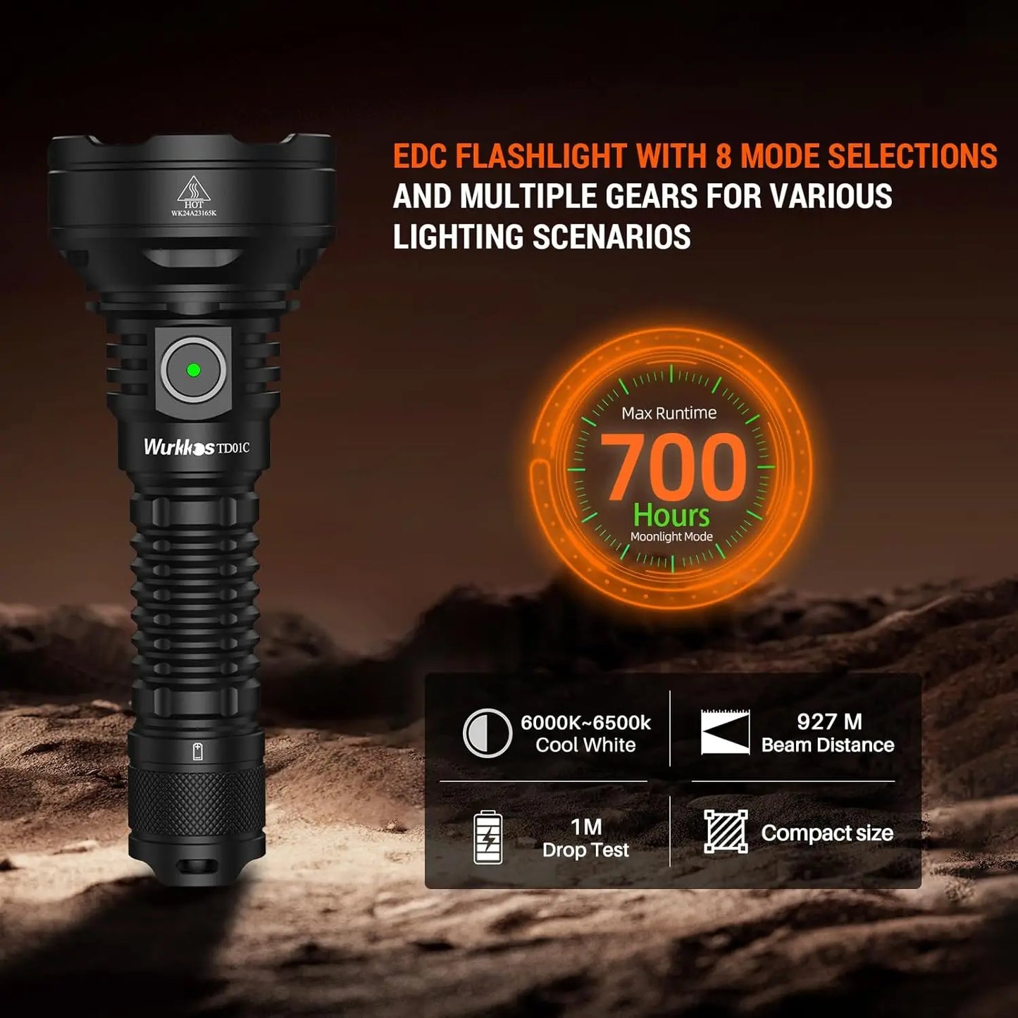 Wurkkos TD01C 21700 Tactical Flashlight USB Rechargeable 1800 Lumens Ultra-Long-Range Tail Switch LED Torch IPX-8