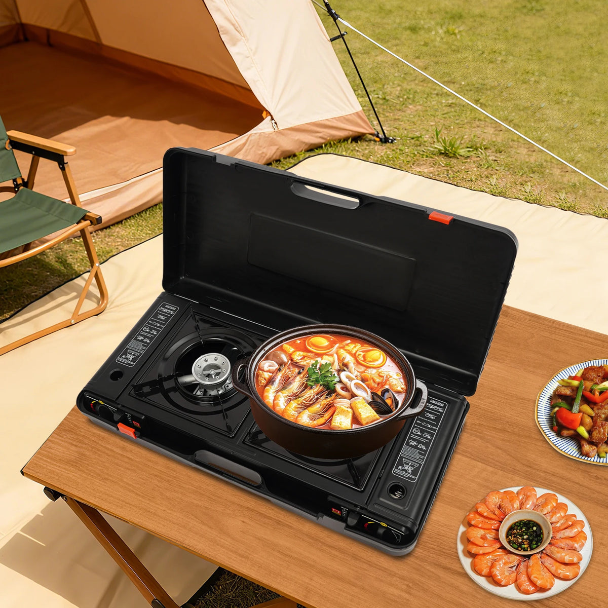 Portable Two Burner Gas Stove With Piezo Ignition And Case