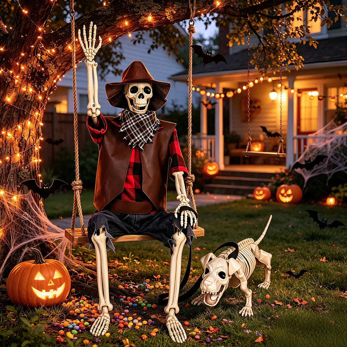 Posable Halloween Cowboy Skeleton With Plastic Dog Yard Decor Set