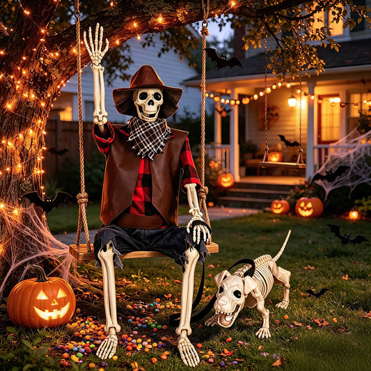 Posable Halloween Cowboy Skeleton With Plastic Dog Yard Decor Set