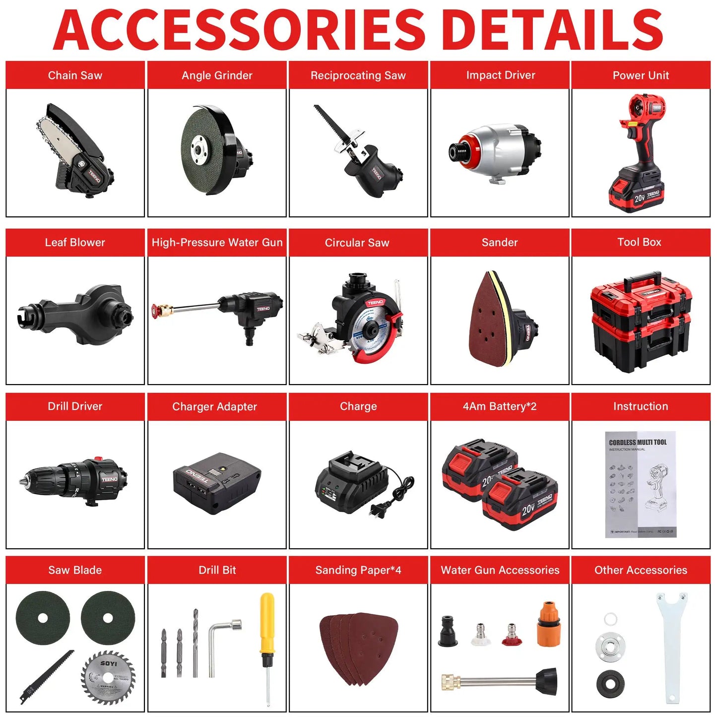 20V MAX Brushless Power Tool Combo Kit, 9-in-1 Cordless Interchangeable Multi-Tool Set (Drill, Impact, Grinder, Sander, Circular, Chain & Reciprocating Saws, Blower, Washer), 2x 4.0Ah Batteries