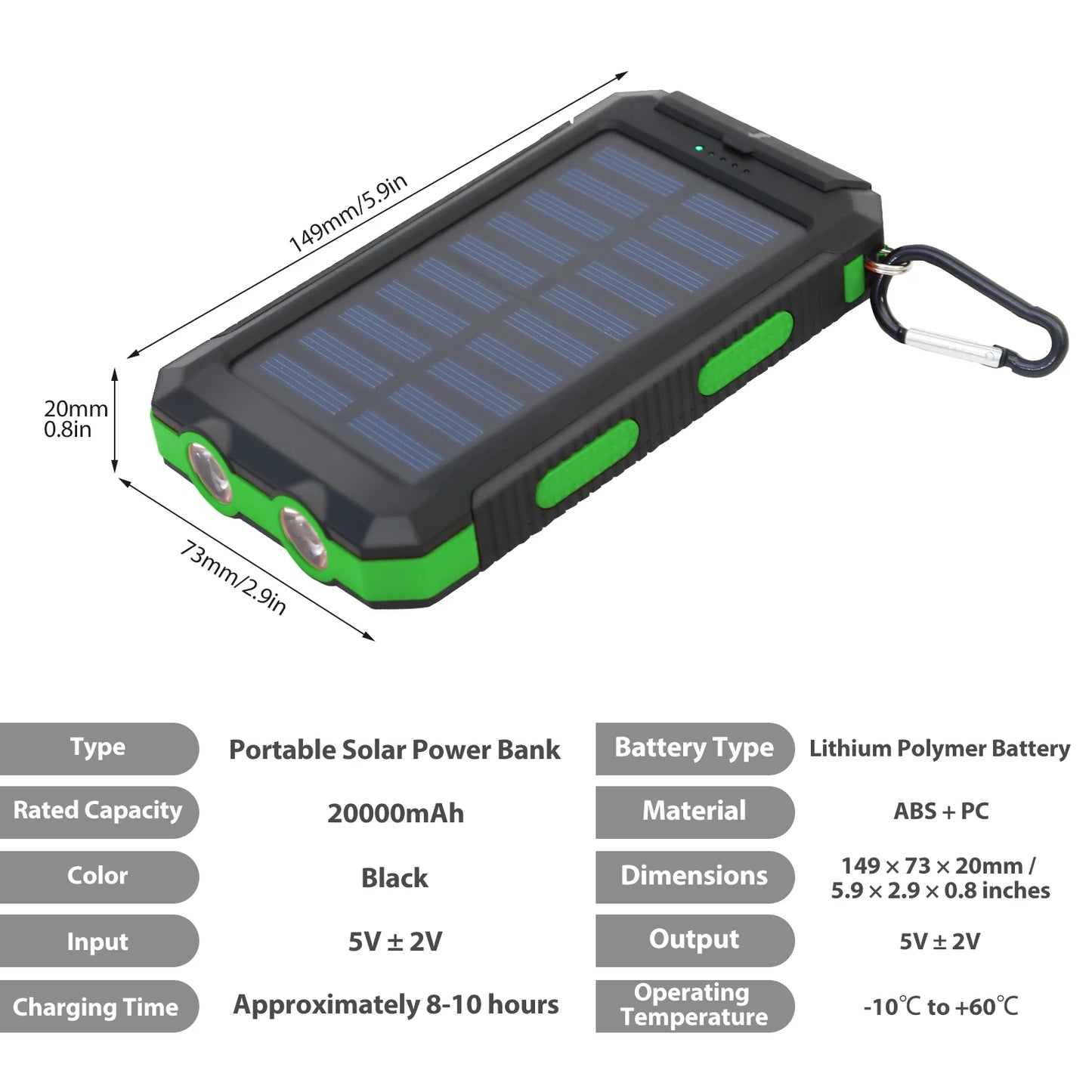 20000mAh Solar Charger Waterproof Power Bank With Dual USB Ports LED Flashlight