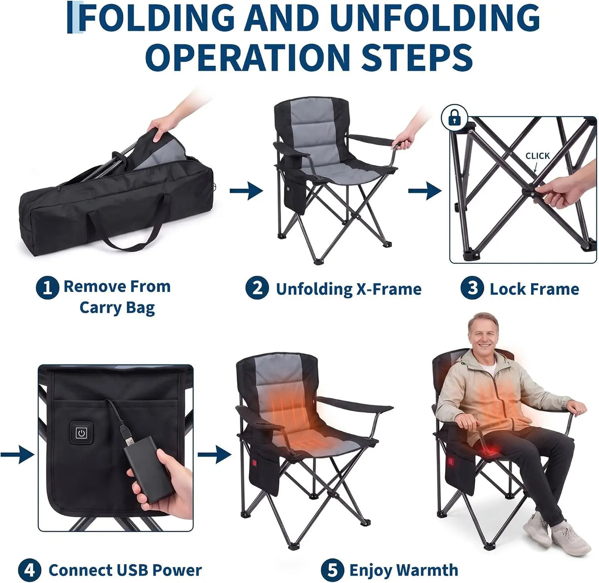 Heated Camping Chair with Cup Holder and Storage Pockets