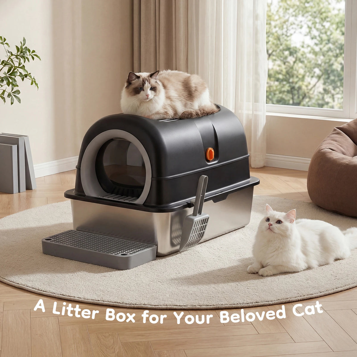 Fully Enclosed Stainless Steel Cat Litter Box With Scoop Mat