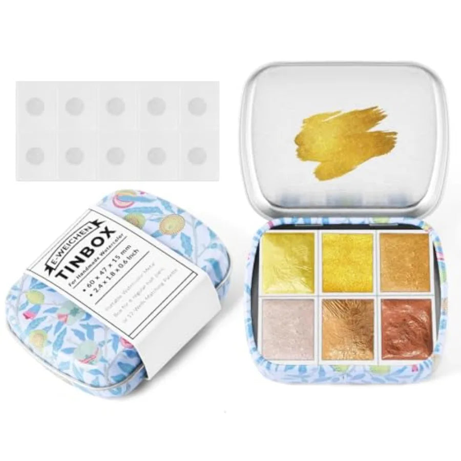 Art Supplies Handmade Watercolor Paint Set - 6 Metallic Gold Colors Half Pans Glitter Solid Water Color- Metal Case Sparkle Pea