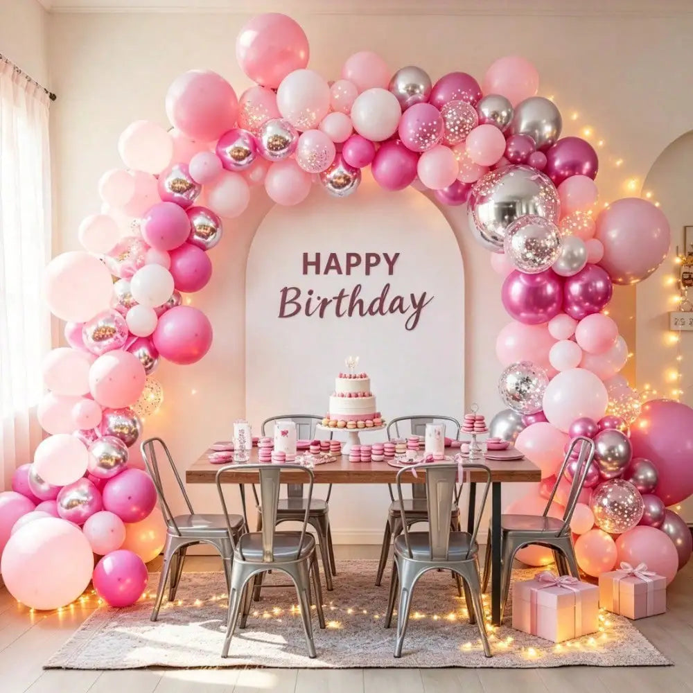 114pcs Pink Silver Balloon Garland Arch Kit, Light Pink Hot Pink Metallic Silver Latex Balloons, for Girls Birthday Princess Party Baby Shower Bridal Shower Wedding Photo Backdrop Decor Supplies