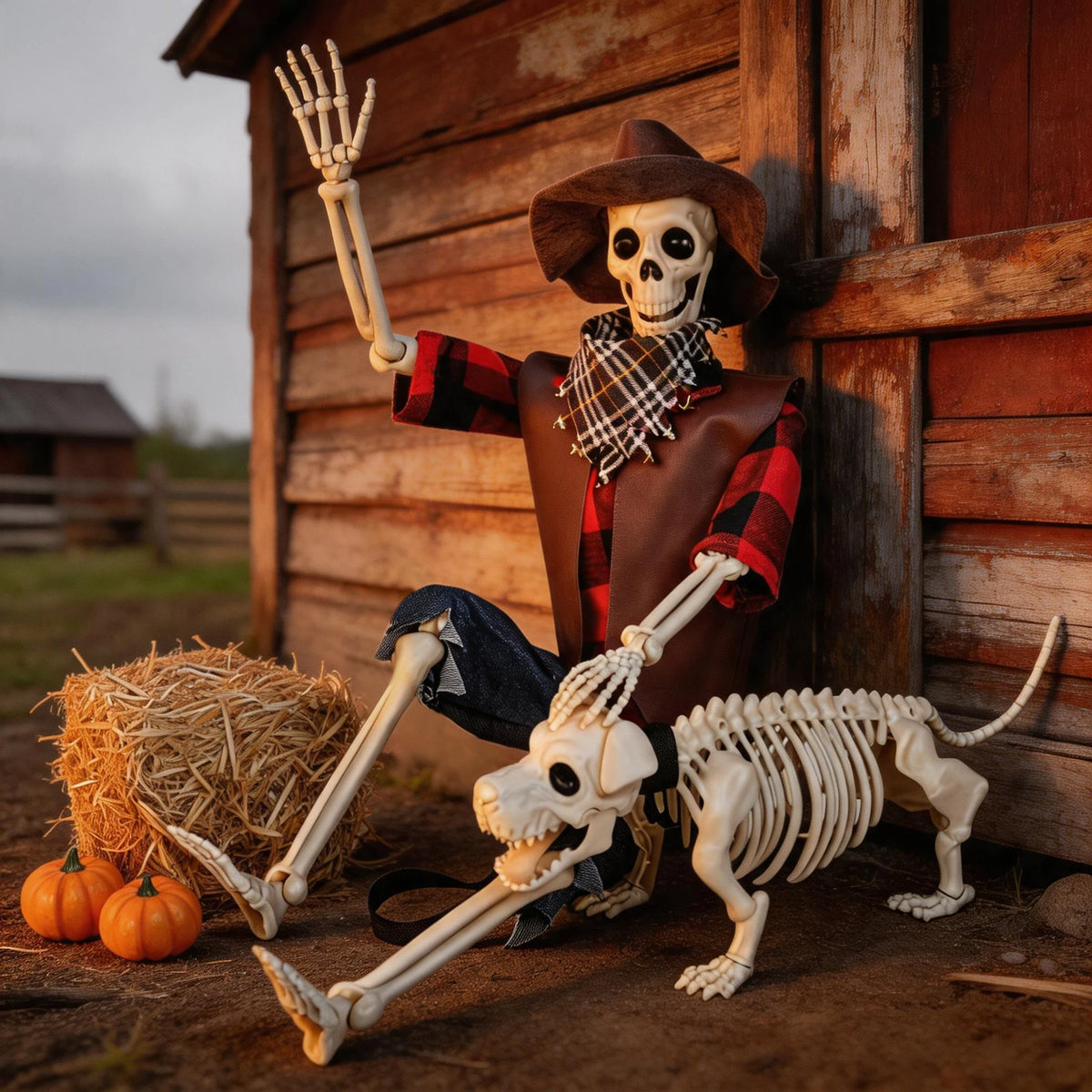 Posable Halloween Cowboy Skeleton With Plastic Dog Yard Decor Set