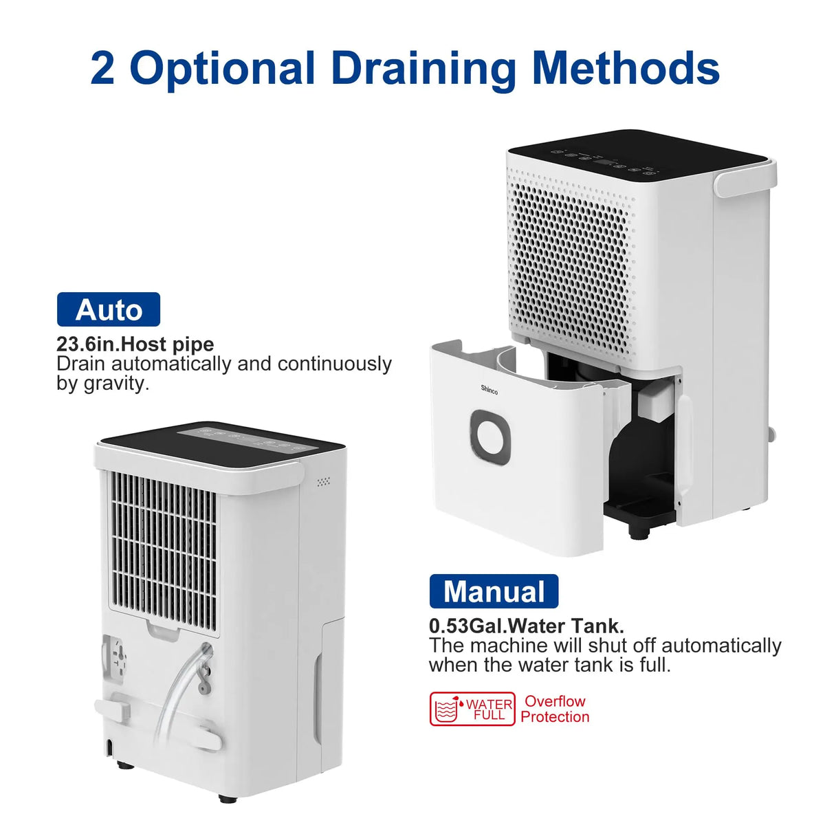 Shinco Portable Dehumidifier With Drain Hose For Home And Basements