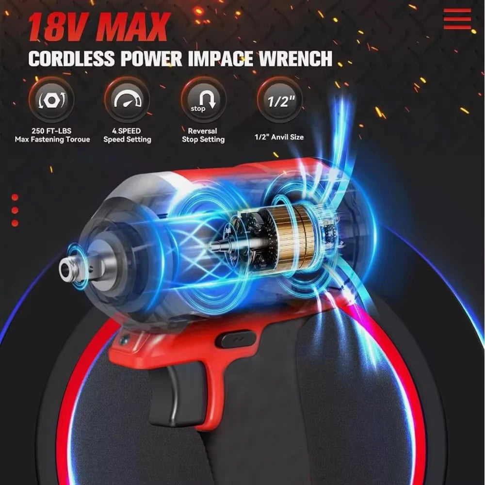 Brushless Impac Wrench 500N.m Electric Driver 1/2" Repair Cordless Screwdriver 4 Gears Power Tools for Milwaukee 18V Battery
