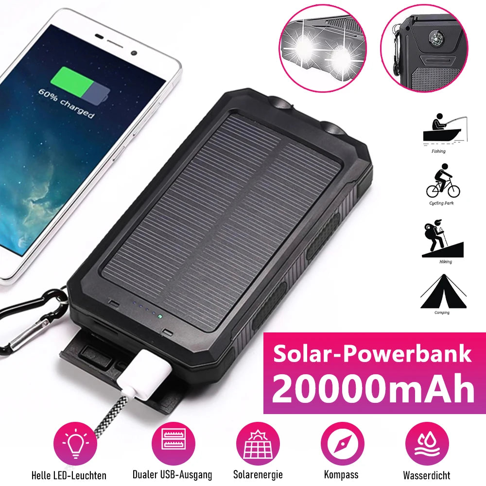 Portable 20000mAh Solar Power Bank IP67 Waterproof Dual USB Flashlight