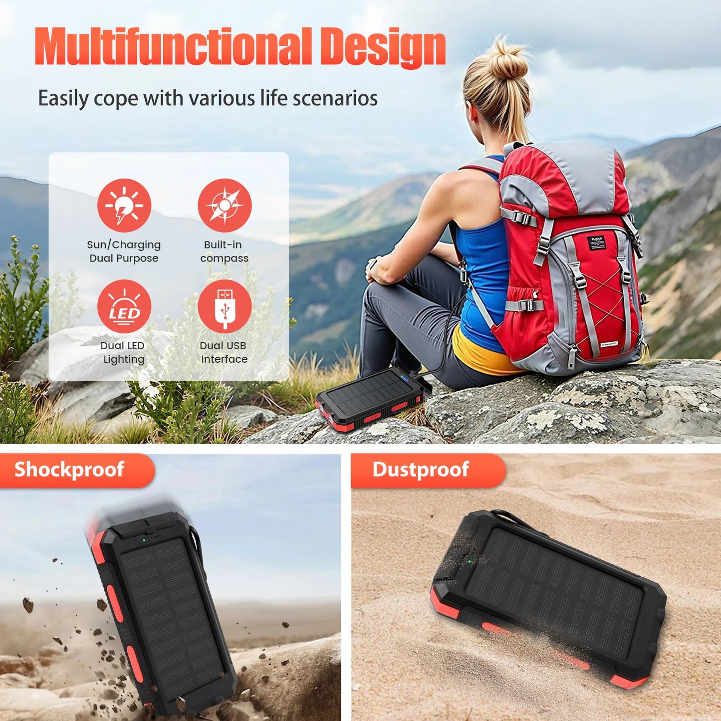10000mAh Solar Power Bank Waterproof Outdoor Dual USB Ports