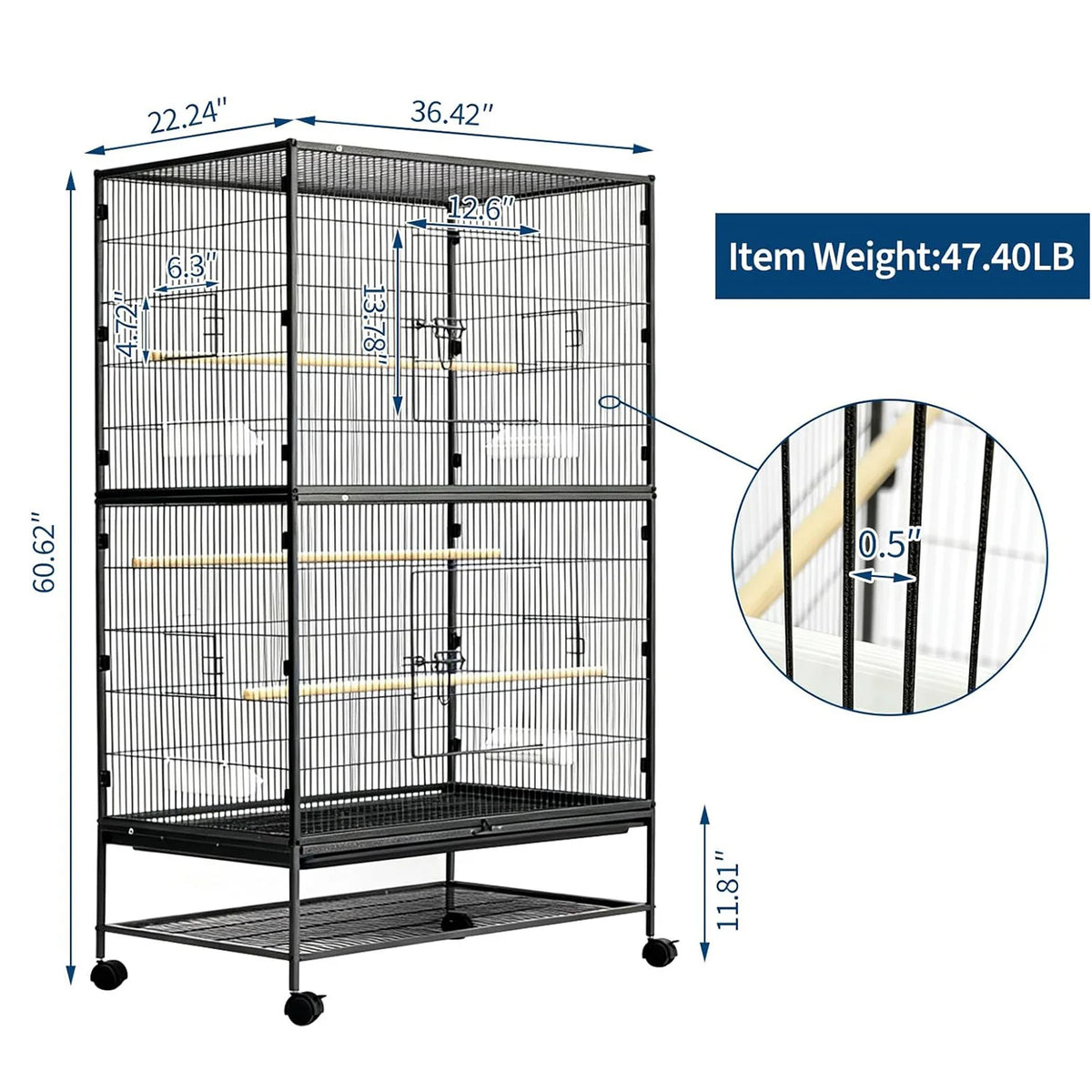 HiMiss Large Bird Cage With Rolling Stands And Feeding Bowls