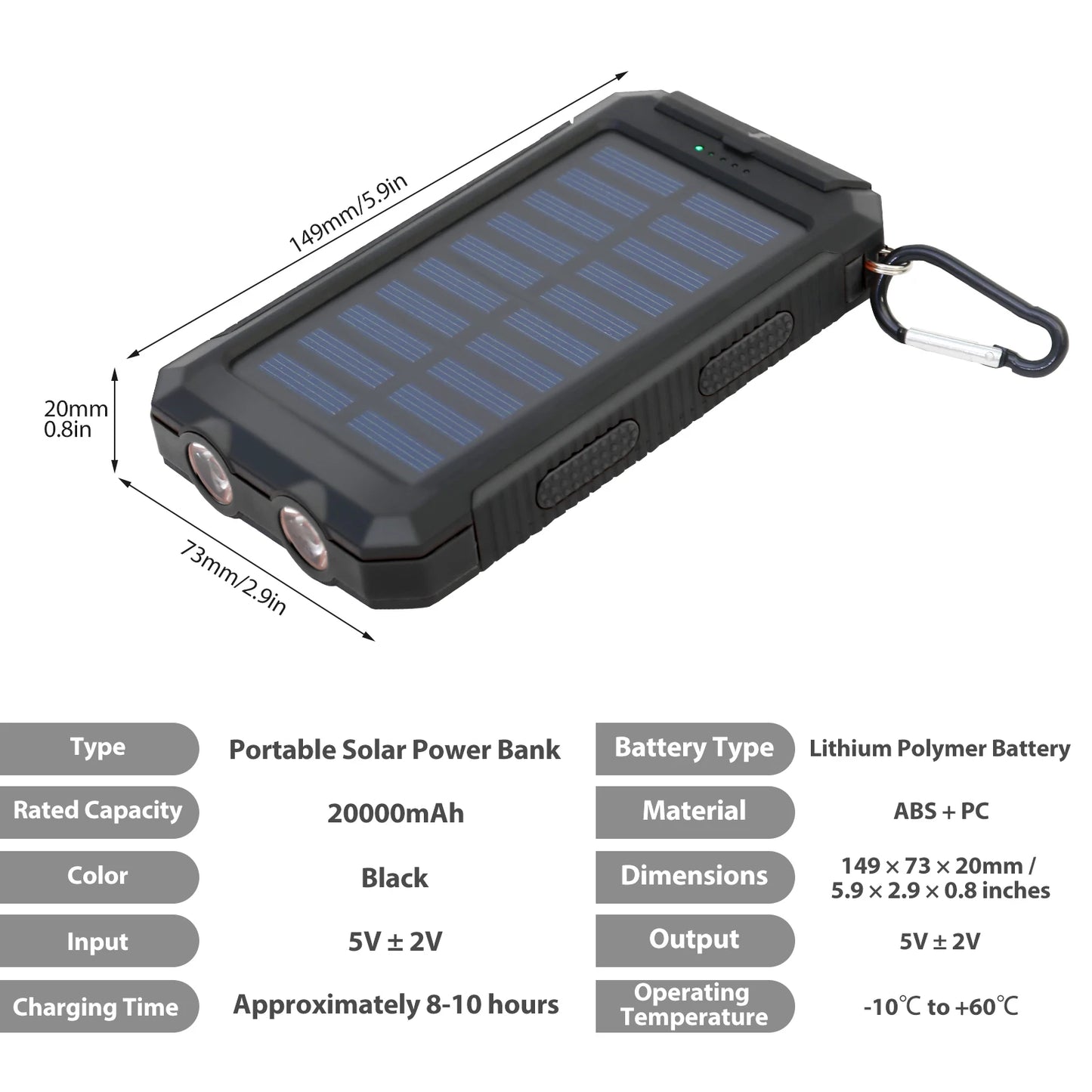 20000mAh Solar Charger Waterproof Power Bank With Dual USB Ports LED Flashlight