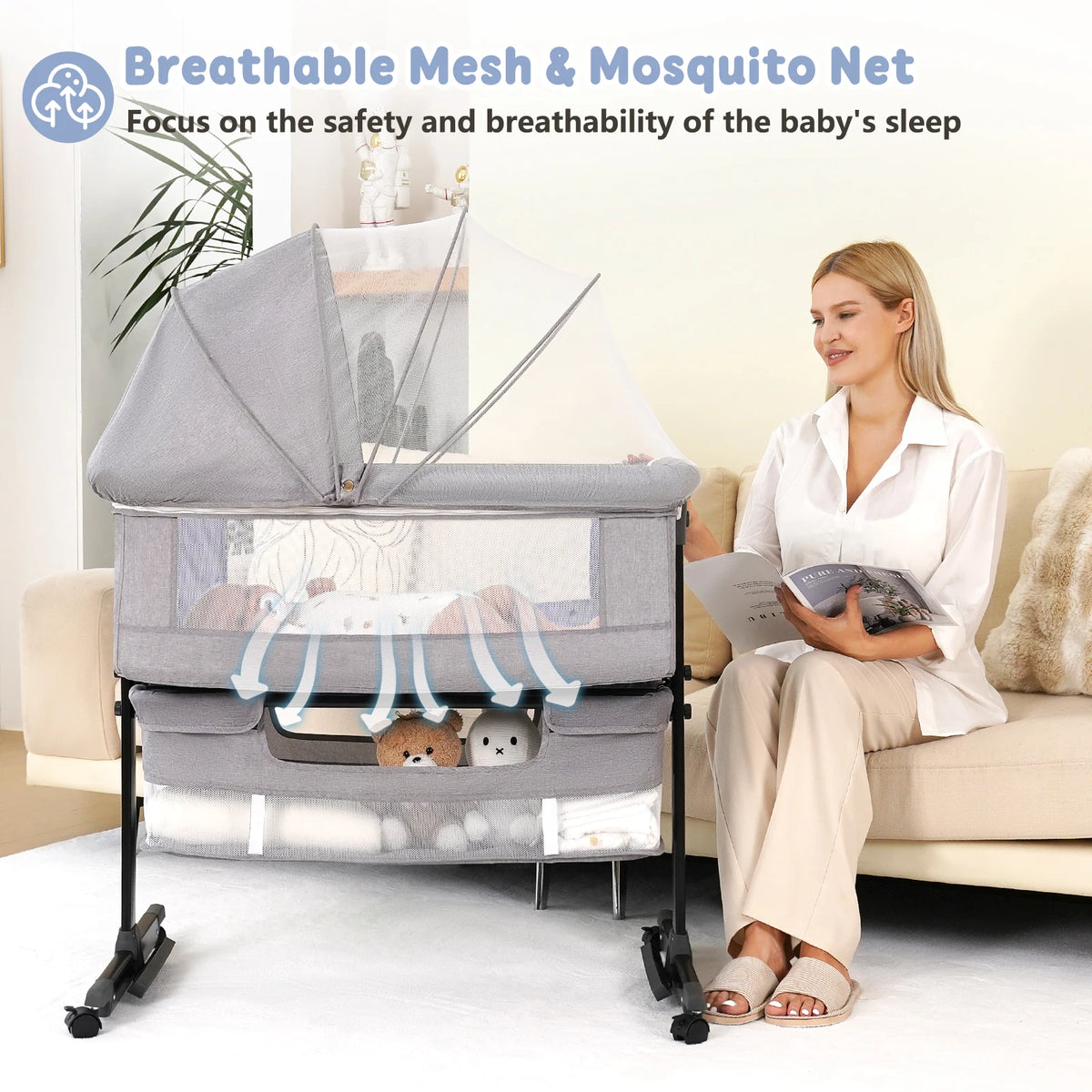 Multifunctional Baby Bedside Bassinet With Adjustable Folding Crib