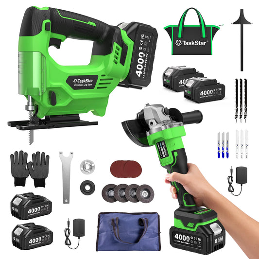 Taskstar Cordless Jig Saw Tool & Electric Brushless Angle Grinder Polishing Cutting Machine 9 Blades 0–45° Bevel Cutting 4 Orbital Setting Lightweight Electric Jigsaw Straight Curved Cuts Battery Powered Tool Set With 2x4.