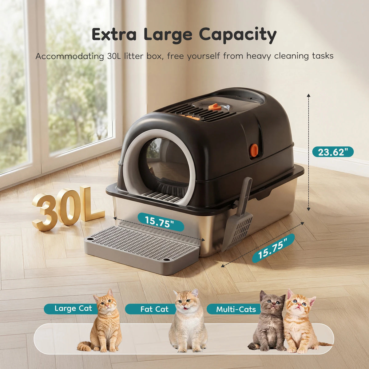 Fully Enclosed Stainless Steel Cat Litter Box With Scoop Mat