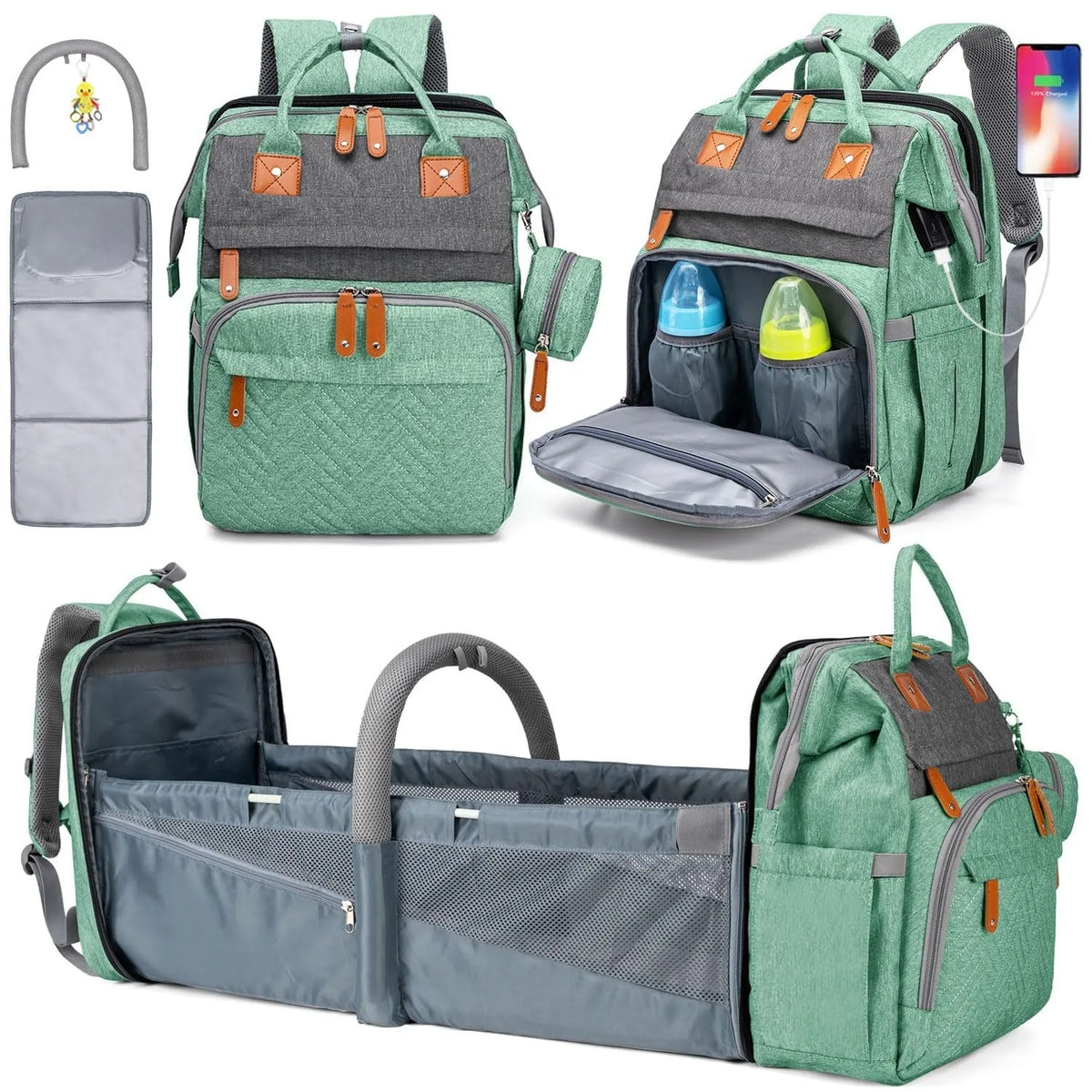 Multifunctional Diaper Backpack With Changing Bed And Insulated Bottle Pocket