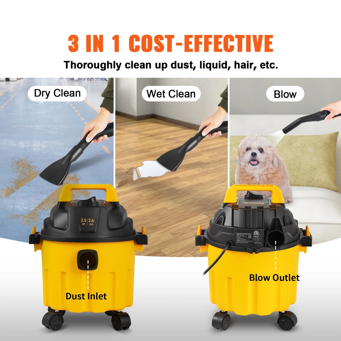 SucceBuy Wet Dry Vacuum 2.6 Gallon 2.5 Peak HP Portable Shop Vacuum With Blowing