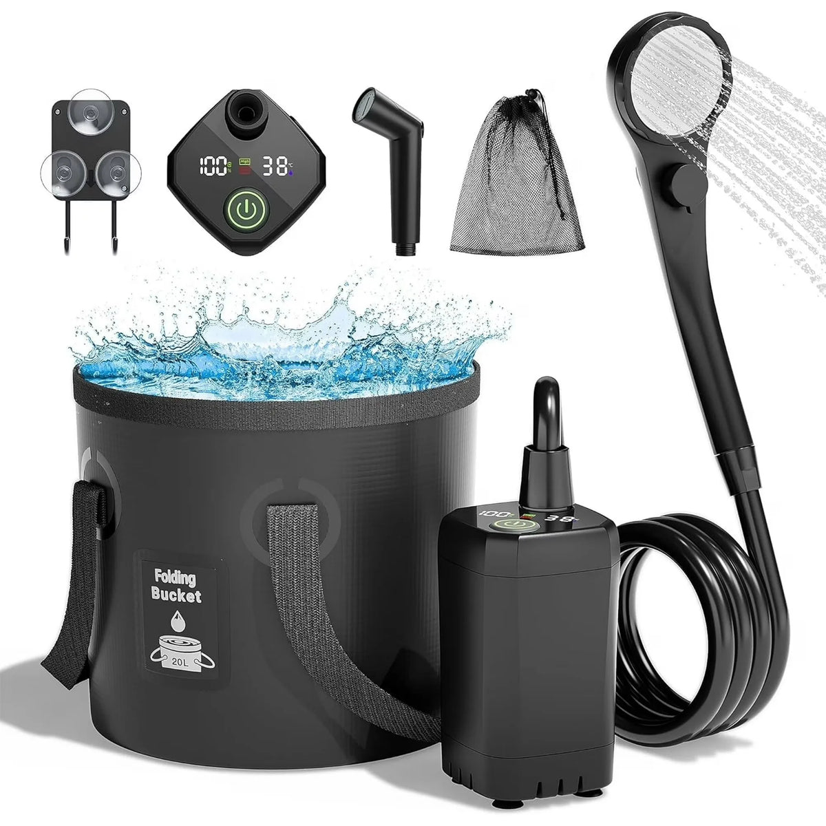 MORIKO Rechargeable Camping Shower With Collapsible Bucket