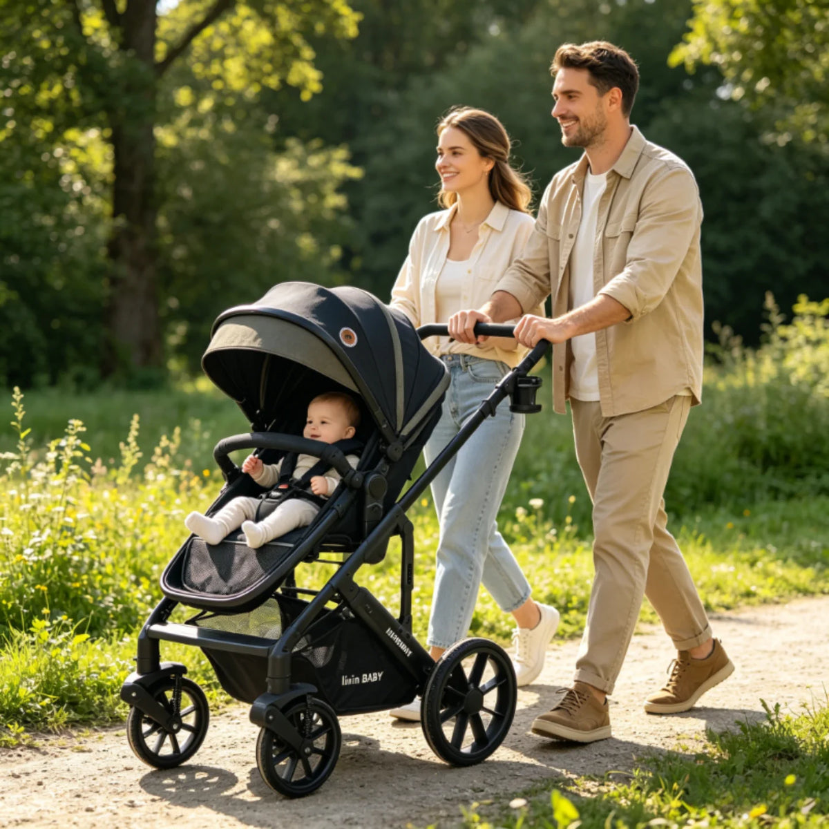 Lightweight Foldable Baby Stroller With Reversible Seat And Shock Absorbers