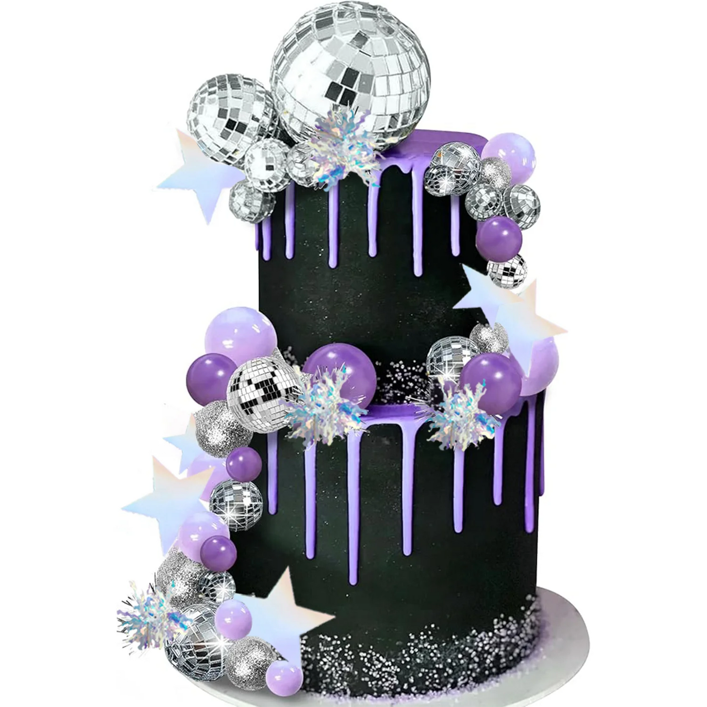 Purple Disco Ball Mirror Balls Cake Decorations with Silver Stars Cake Topper for Disco Dance Party Saturday Night Supplies