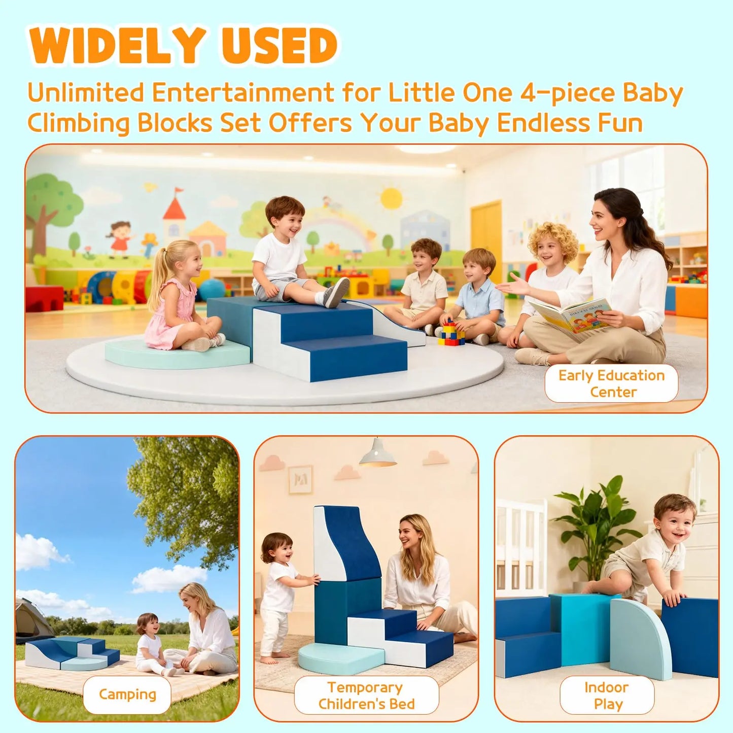 Photo-Ready Toddler Soft Foam Climbing Set 4-Piece Height Adjustable Indoor Active Play Blocks For Crawling Sliding Easy Clean