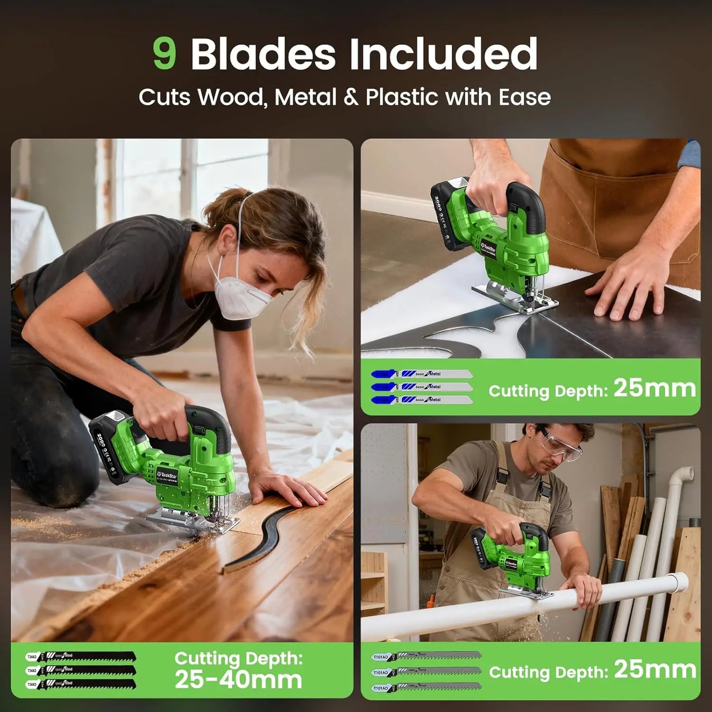 Taskstar Cordless Jig Saw Tool & Electric Brushless Angle Grinder Polishing Cutting Machine 9 Blades 0–45° Bevel Cutting 4 Orbital Setting Lightweight Electric Jigsaw Straight Curved Cuts Battery Powered Tool Set With 2x4.