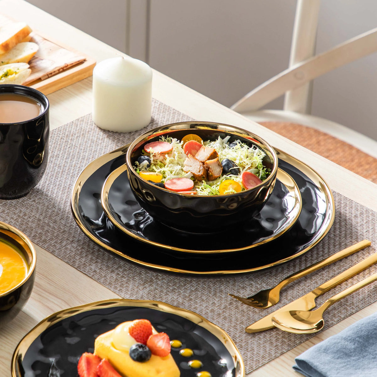 Malacasa Ceramic Dinnerware Set With Gold Trim Design