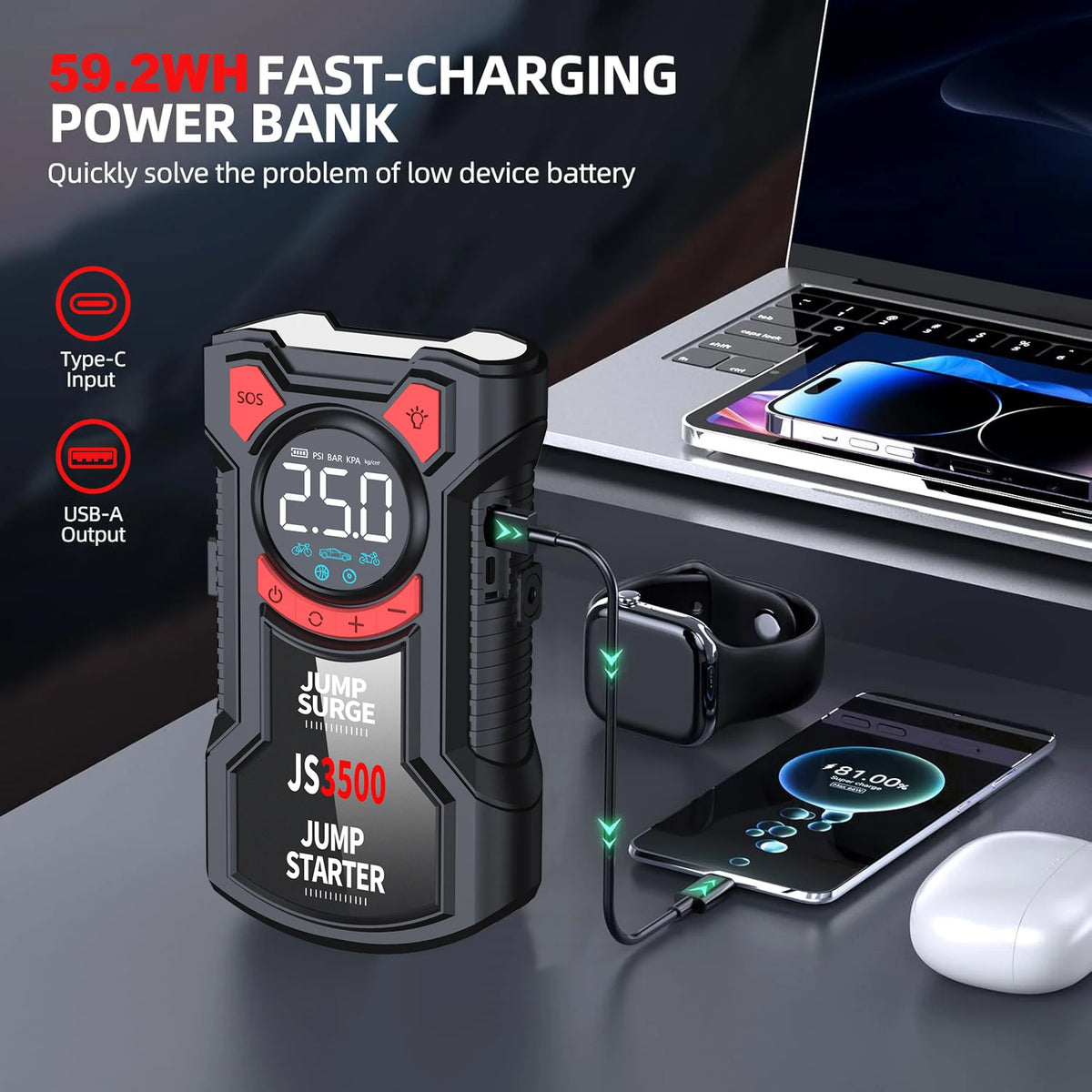 5-in-1 Car Jump Starter Air Compressor Tire Inflator Power Bank