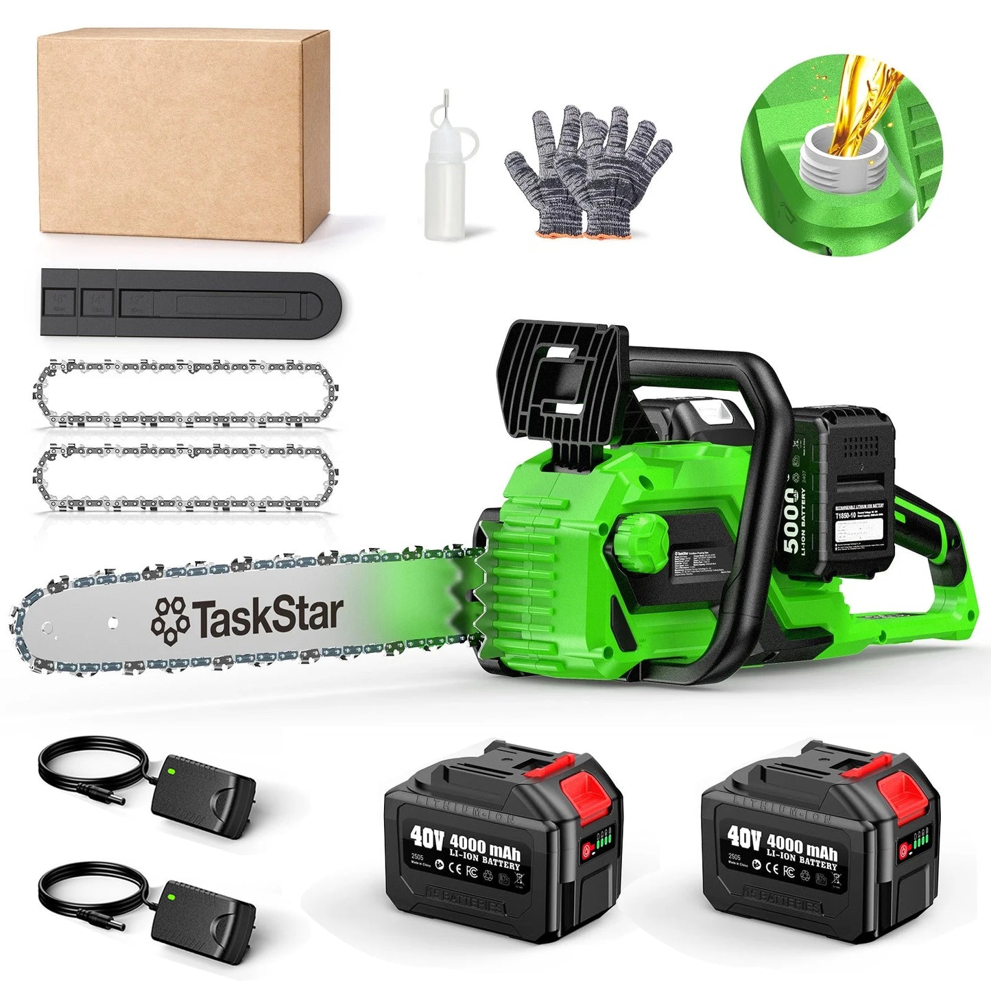 TaskStar 40V 16" Cordless Chainsaw With Auto-Oiler&Tool-Less Chain Tension 2x5.0Ah Batteries Powered Electric Saws For Logging