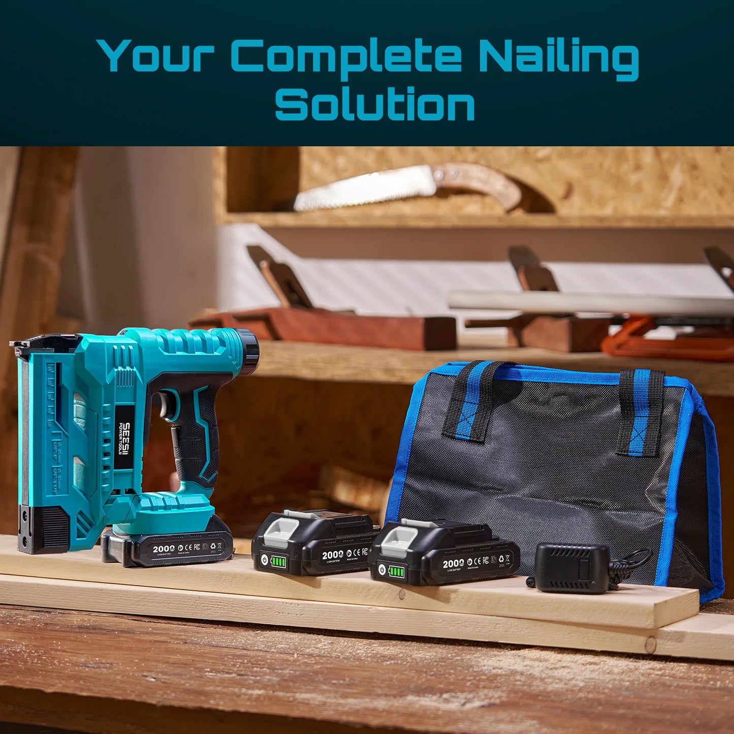SEESII 18 Gauge Cordless Brad Nail Gun 1000 Brad Nails Cordless Stapler Framing Nailer Furniture Power Tool With 2pcs Battery