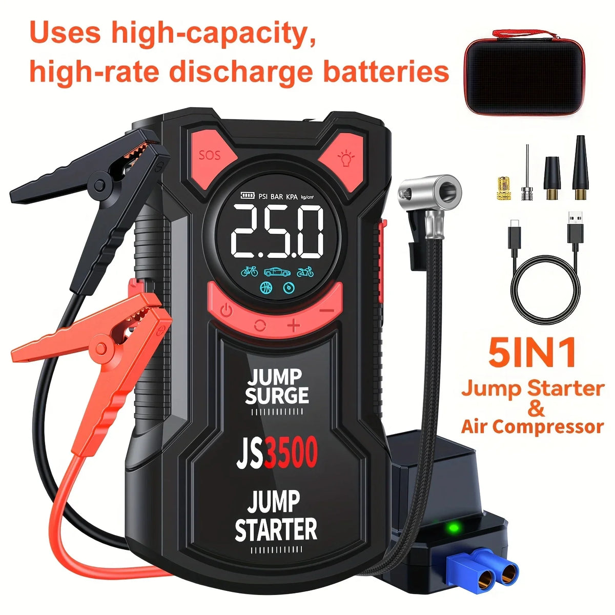 5-in-1 Car Jump Starter Air Compressor Tire Inflator Power Bank